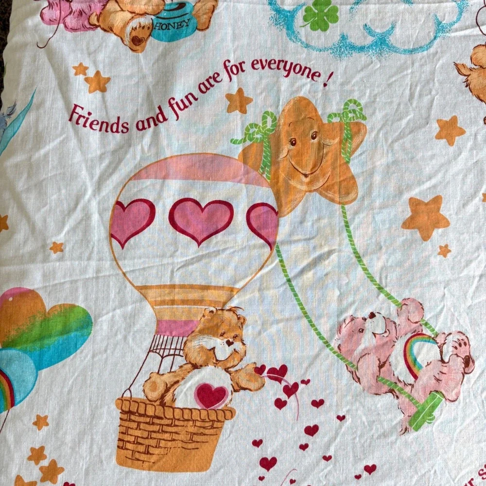 Care Bears Twin Flat Sheet Kids White Clouds Rainbow Hearts Balloons 80s
